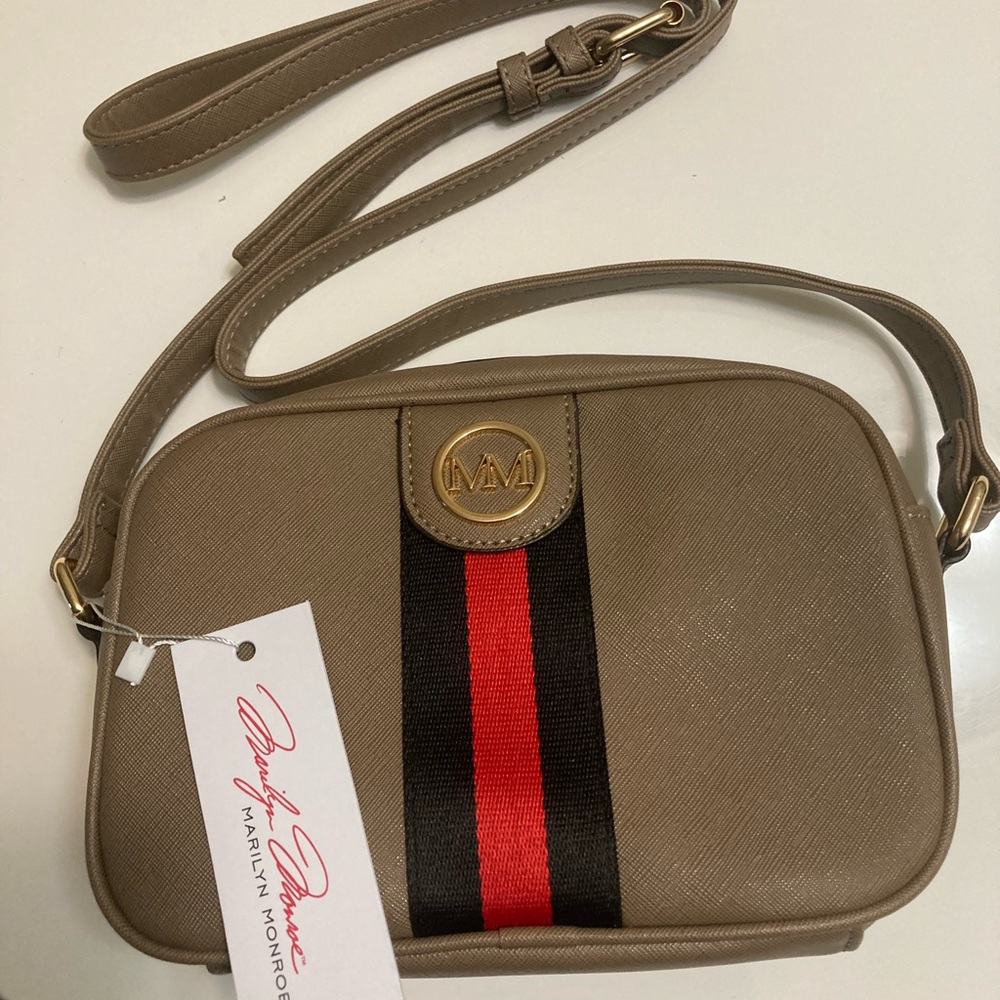 Marilyn Monroe Taupe Crossbody Bag with Red & Black Stripe - Picture 2 of 4